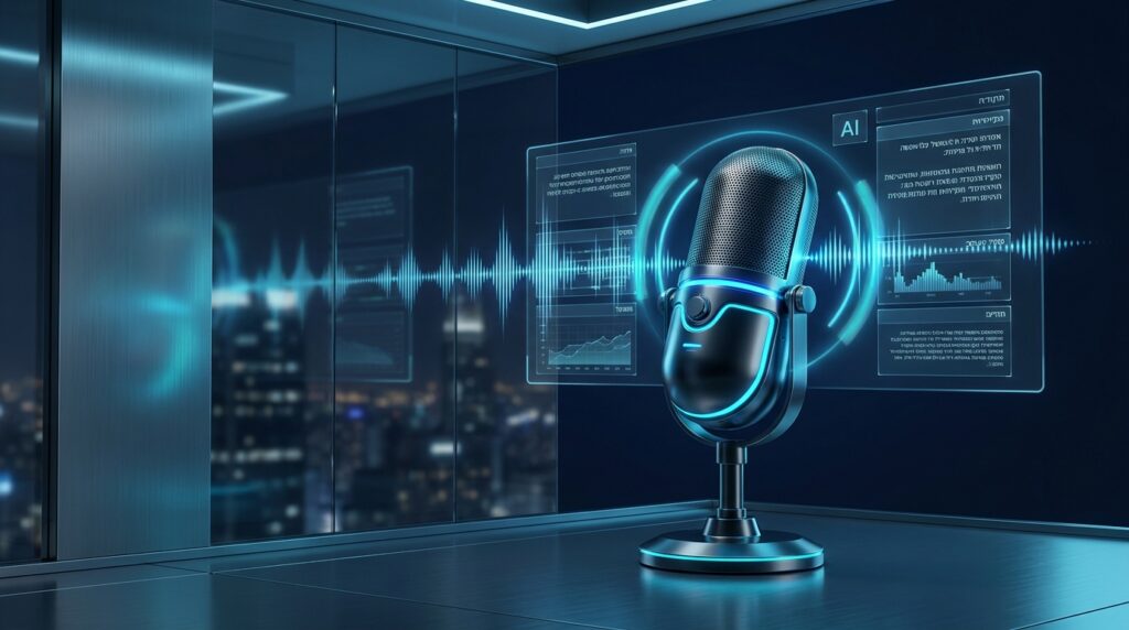 פיתוח Voice AI בעברית — מיקרופון עם ממשק AI הולוגרפי