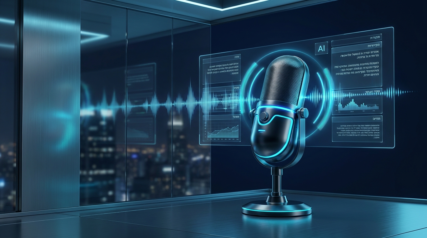 פיתוח Voice AI בעברית — מיקרופון עם ממשק AI הולוגרפי
